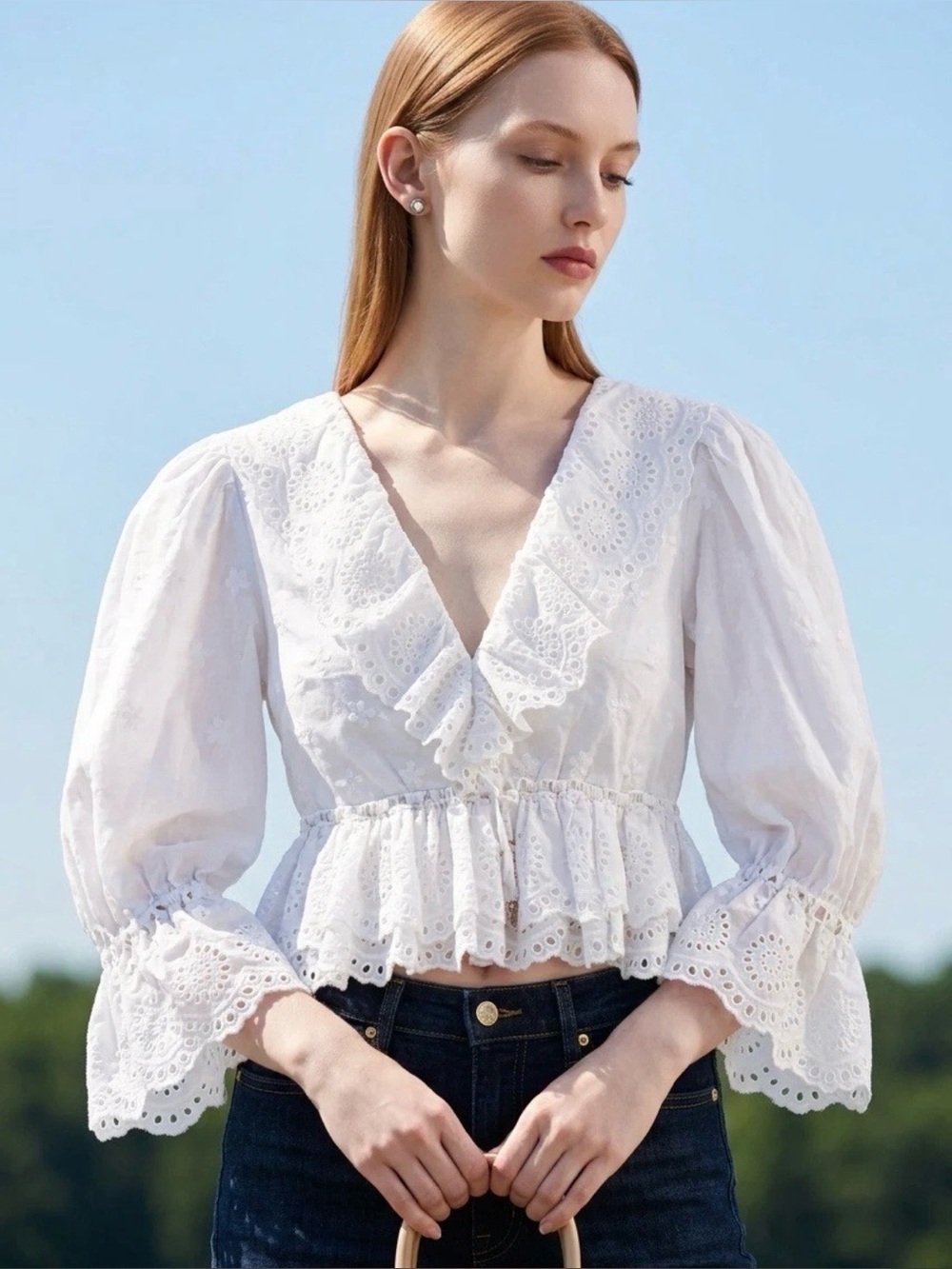 Caroline Constas White Eyelet Peplum Tie Front Blouse Sz S White Cottagecore top